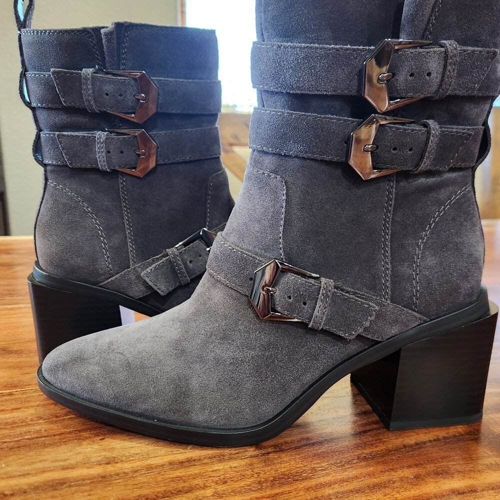 Vince Camuto Kempreea Gray Suede Mid-Shaft Boots with Block Heel